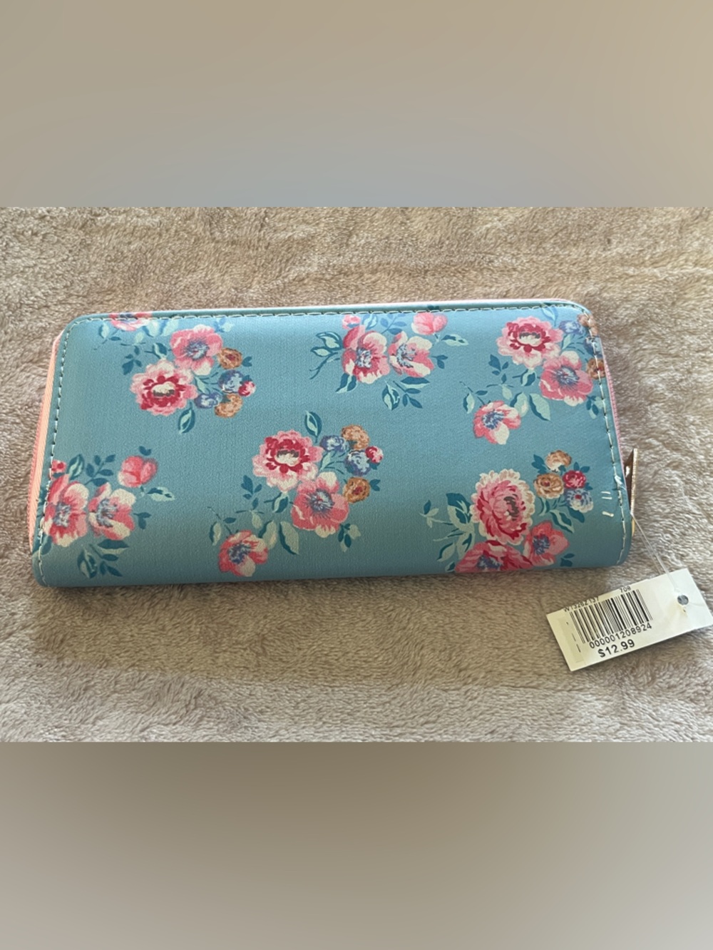 Blue Floral Zip-Around Wallet with Pink Rose Print